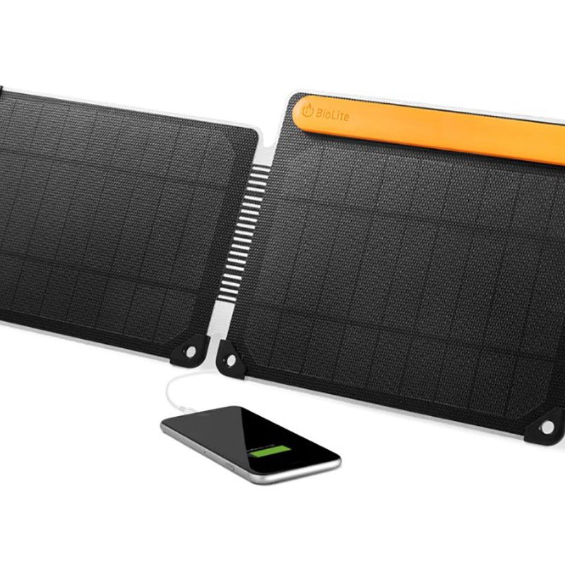 A BioLite SolarPanel 10+ and a phone on white background.