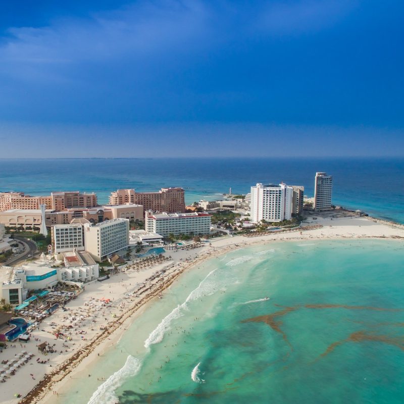 An aerial drone shot of Cancun's Hotel Zone.