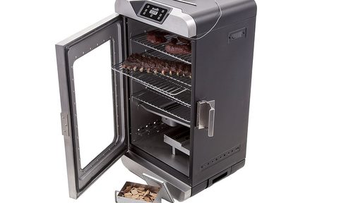 The Char-Broil Deluxe Digital Electric Smoker with ribs and wood chips.