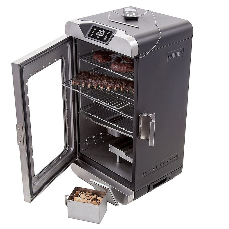 The Char-Broil Deluxe Digital Electric Smoker with ribs and wood chips.