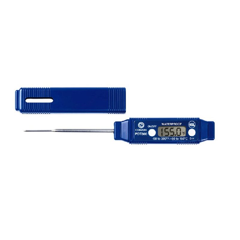 A blue Comark PDT300 Digital Thermometer with its protective cover.
