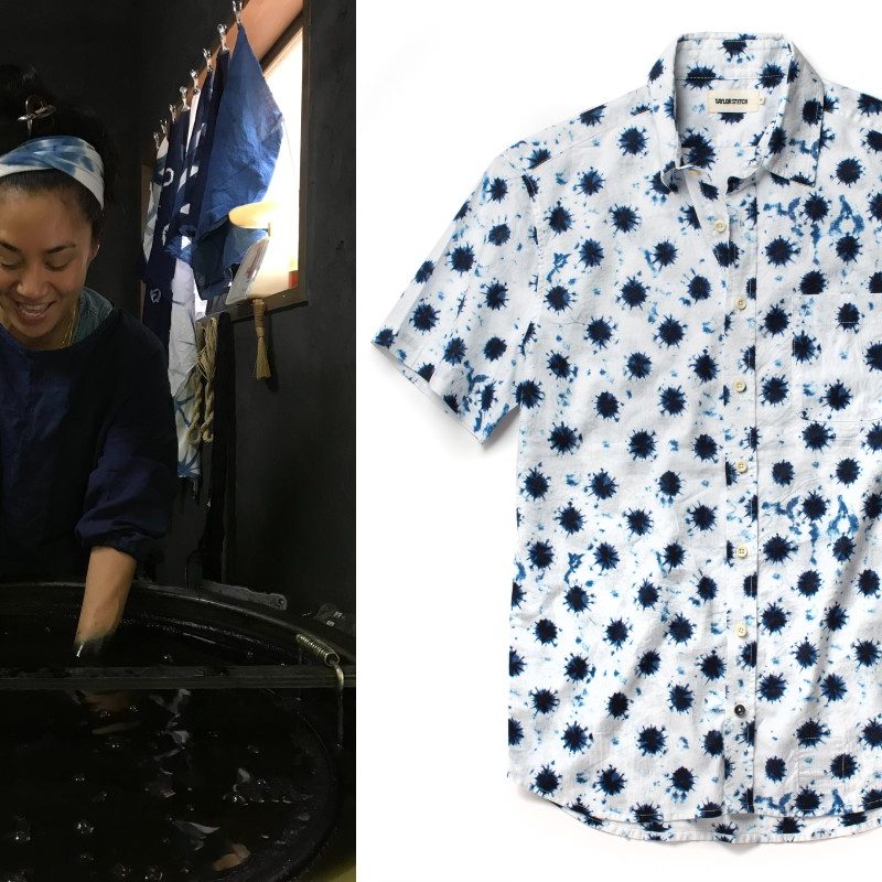 Teresa Misagal (left), founder and owner of Dailola, hand-applying indigo dye and a Taylor Stitch short-sleeve, buttoned California shirt (right).