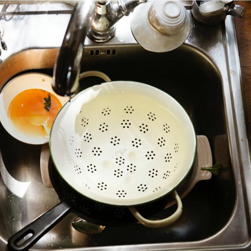 Pile of dirty dishes in the sink