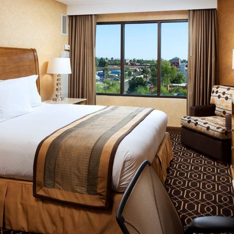 A standard king room at the Doubletree Suites by Hilton Anaheim Convention Center hotel.