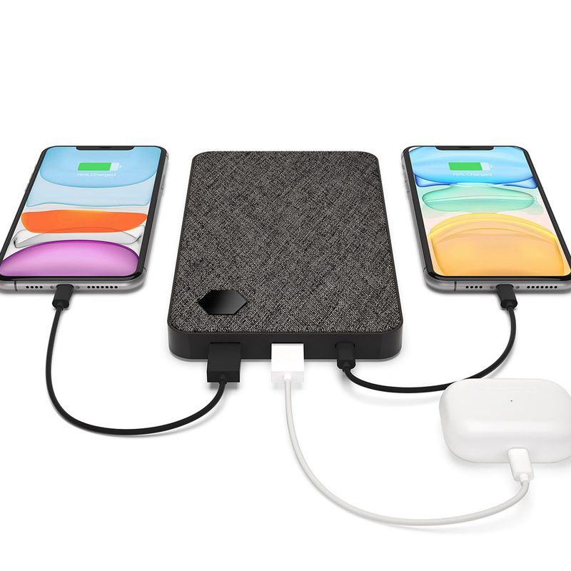 An Einova Ultra Fast Power Bank 63W charging three devices on white background.