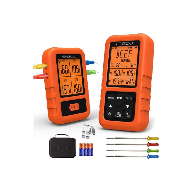 An Enzoo Wireless Meat Thermometer with transmitter, batteries, probes, clips, and a black carrying case on plain background. 