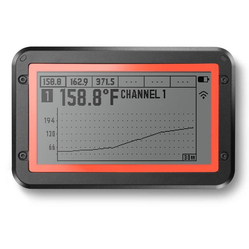 A Fireboard 2 showing a thermometer readout with graph.