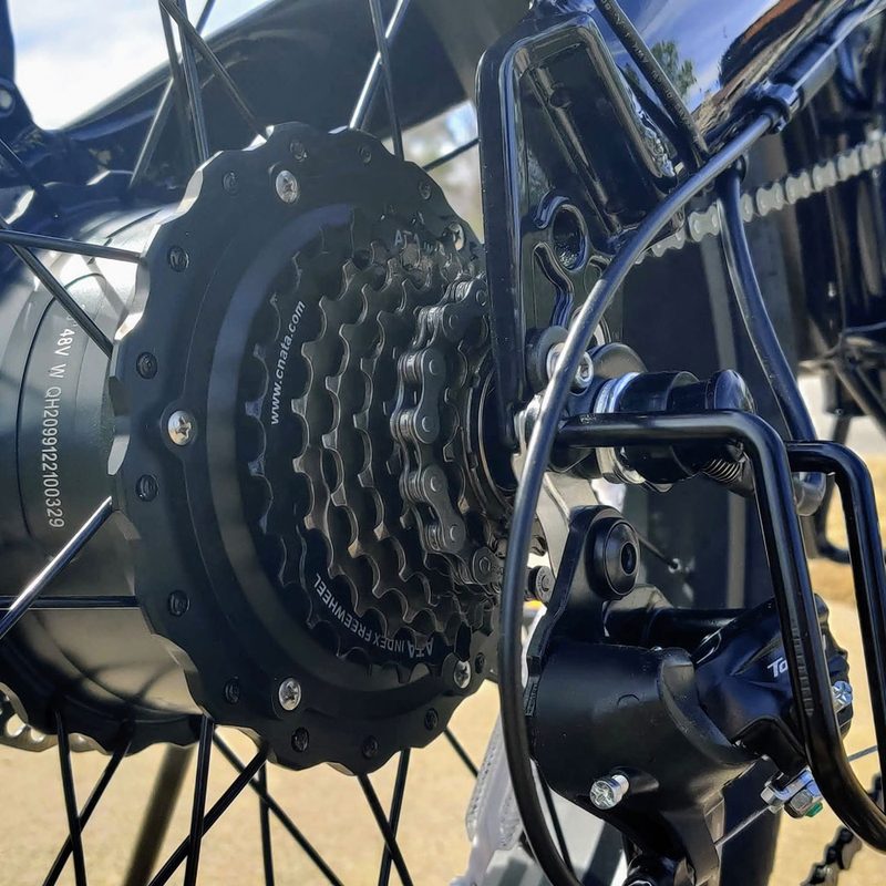 A close-up of the rear gearbox of the Lectric XP 2.0 Black electric bike.