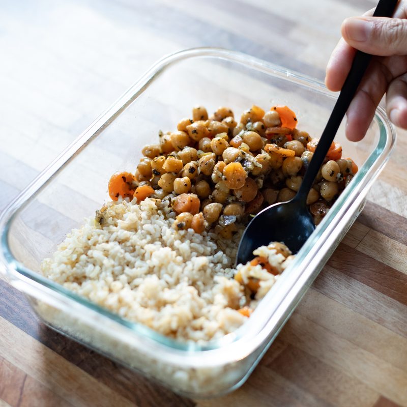 Chickpea stew and rice pilaf, vegan food.