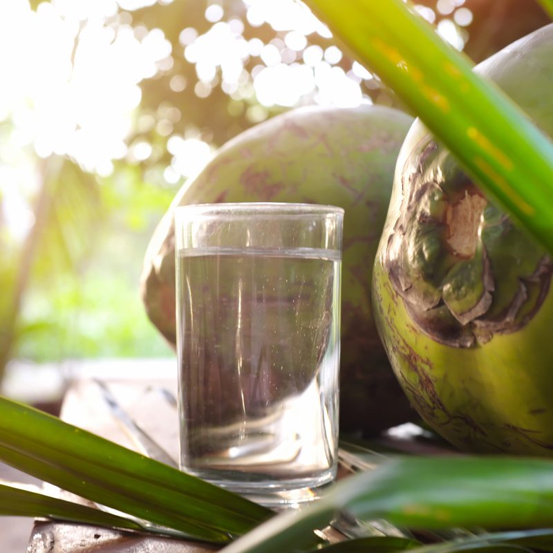 Fresh coconut water juice drink in glass with green young coconuts.