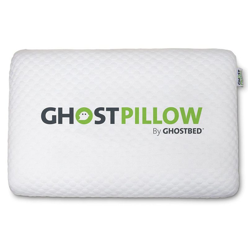 A white pillow with texts that say "GhostPillow" and "by GhostBed."