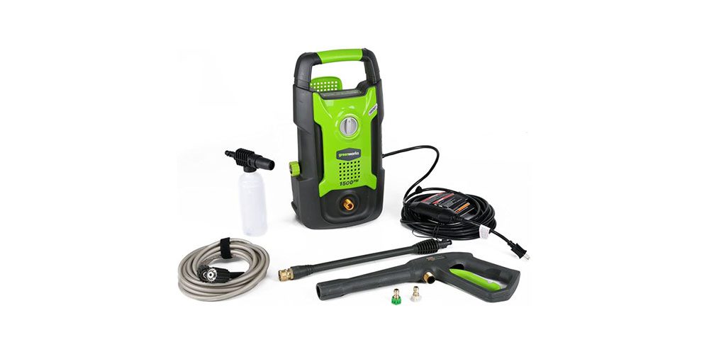 Greenworks 1500 Electric Pressure Washer and its many accessories placed on a white background.