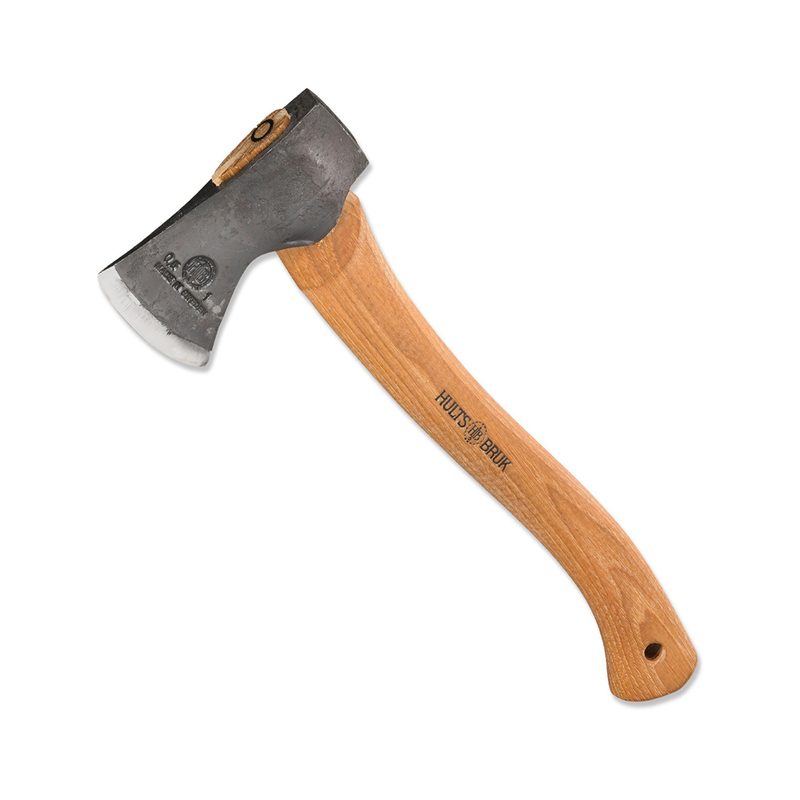 A wooden handled Hults Bruk Almike Hatchet on a white background.