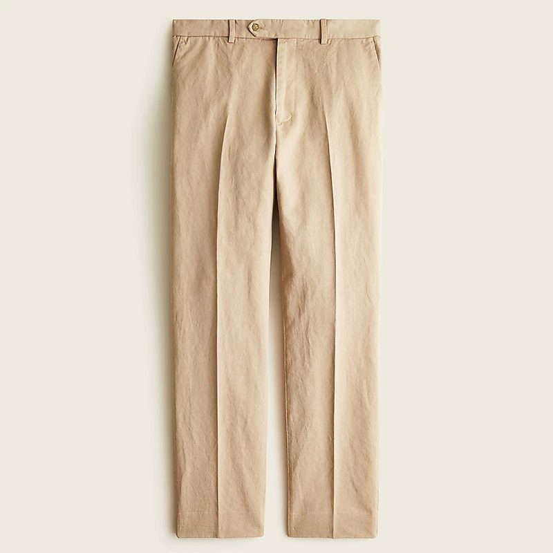 J.Crew garment-dyed cotton-linen chino suit pant in khaki with a tab waist closure. 