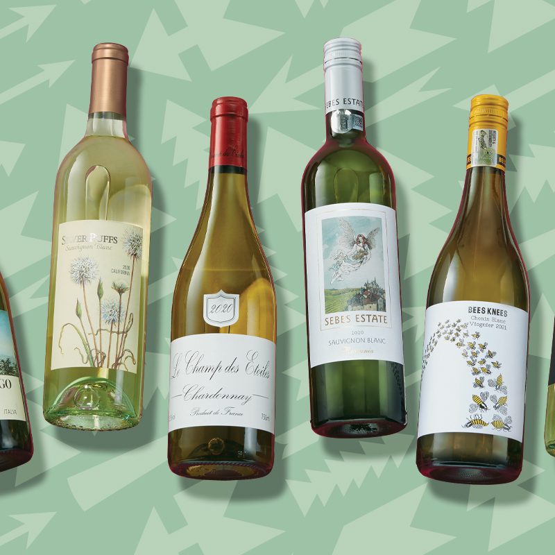 Six bottles of wine on green background with arrows.