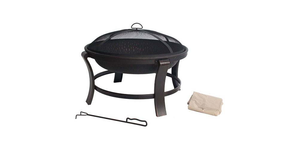 The Mainstays Deep 30-inch Fire Pit with a poker next to it.
