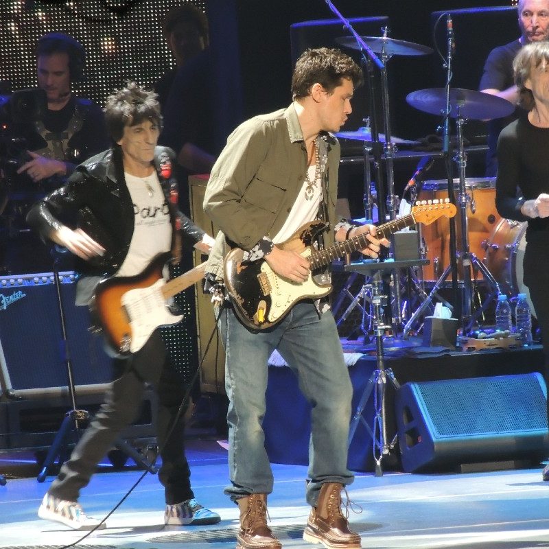 John Mayer on stage with The Rolling Stones at the Prudential Center, New Jersey, December 13, 2012.