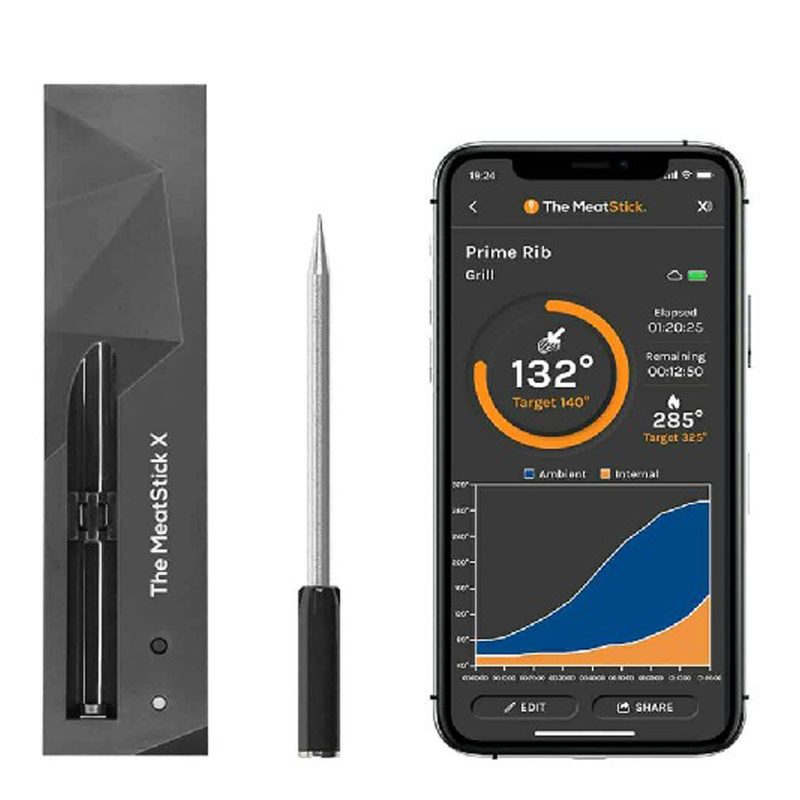 MeatStick X Set with its packaging and steel probe on plain background.