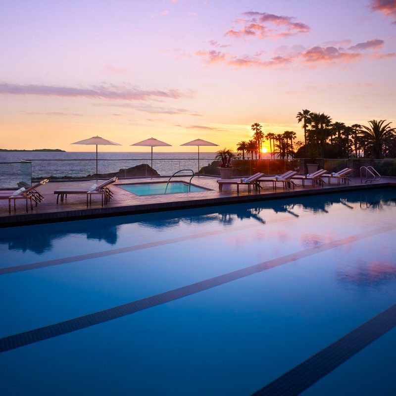 A view of the Pacific Ocean and Catalina Island from the pool complex at the Montage Resort in Laguna Beach, California.