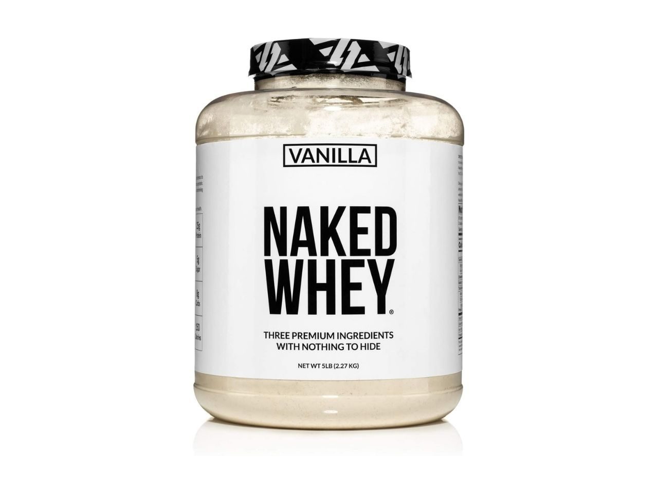 A container of vanilla Naked Whey protein powder on a white background.