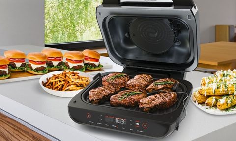Ninja Foodi indoor grill grilling burgers.