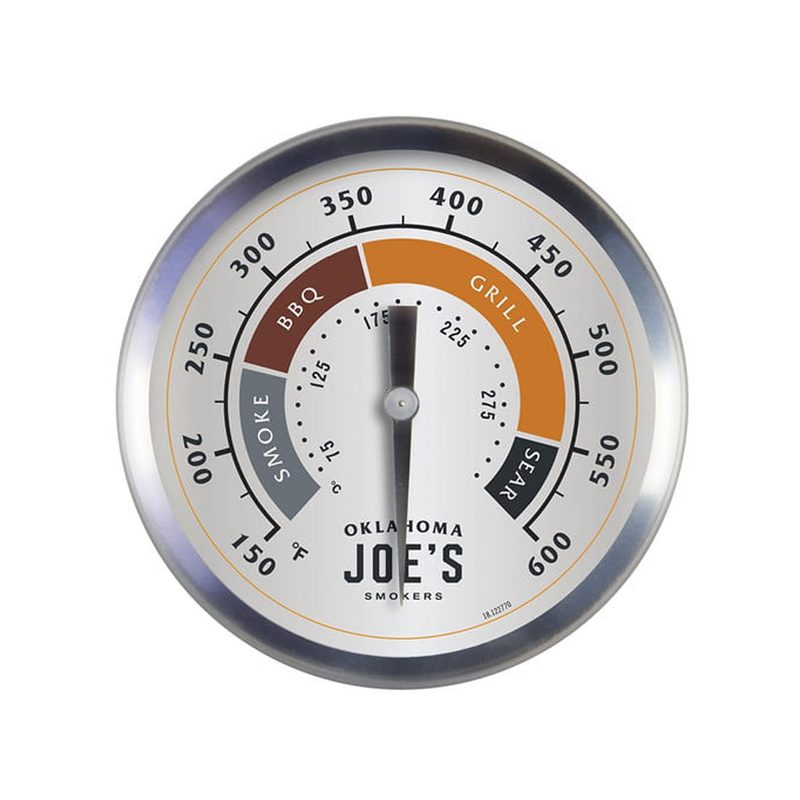 An Oklahoma Joe's Temperature Gauge on white backdrop.