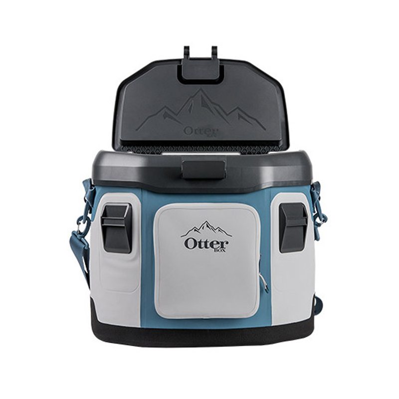 An Otterbox Trooper Cooler in blue and gray on plain background.