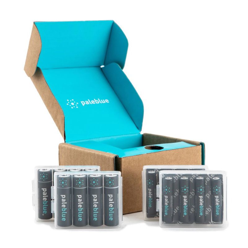 Pale Blue batteries in plastic cases displayed in front of their packaging on white background.