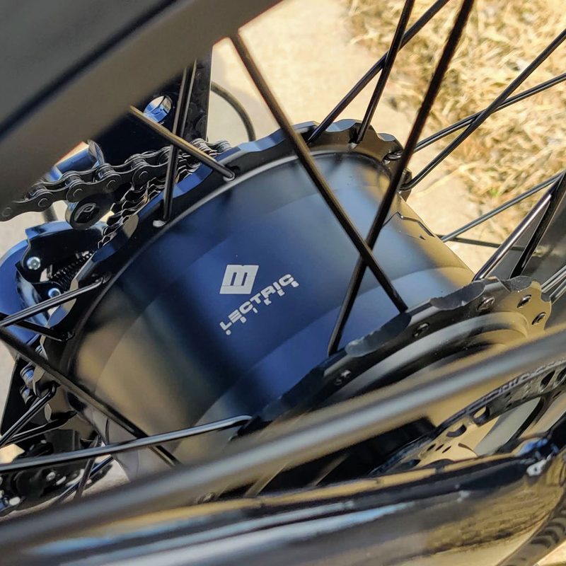 A close-up of the rear drum of the Lectric XP 2.0 Black electric bike.