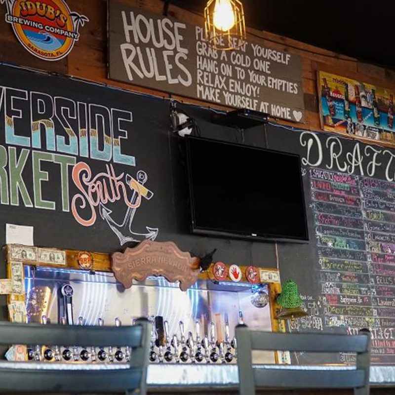 The chairs and bar counter in Riverside Market.