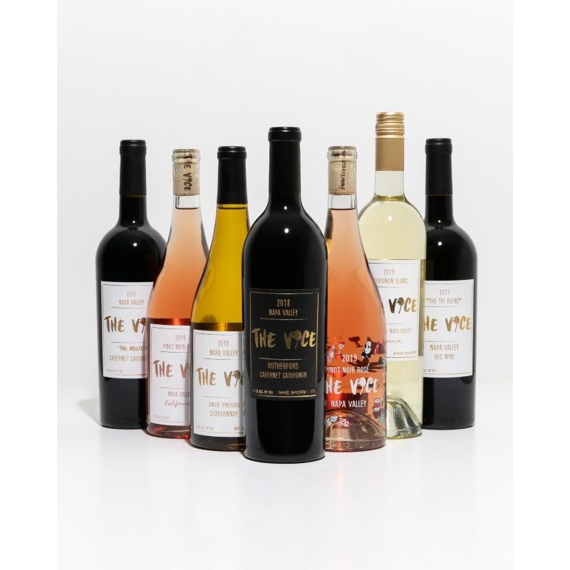 Seven different bottles of wine from Vice Wines Vineyard.