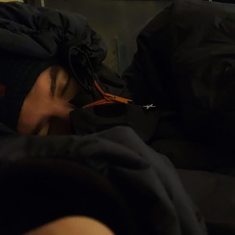 Sleeping in the Selk'bag Nomad wearable sleeping bag.