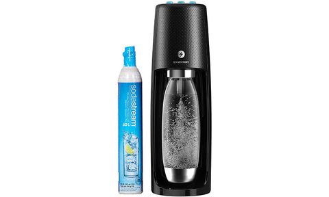 SodaStream Fizzi One Touch on a white background with an extra Co2 cylinder to the side of it.