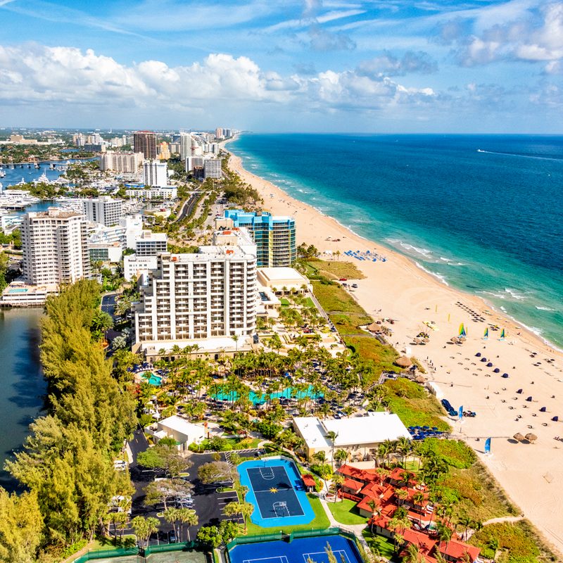 A bird's eye view of the coastline and buildings in South Florida.