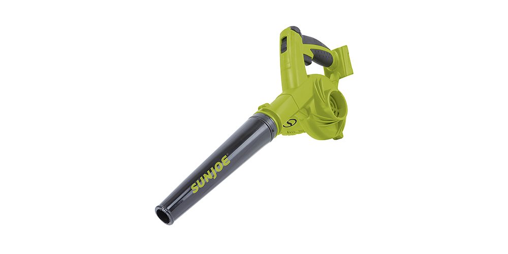 Sun Joe Leaf Blower at a side angle on a white background.