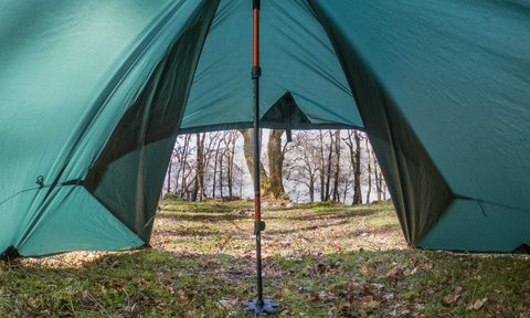 The view from the inside of a tarp tent.