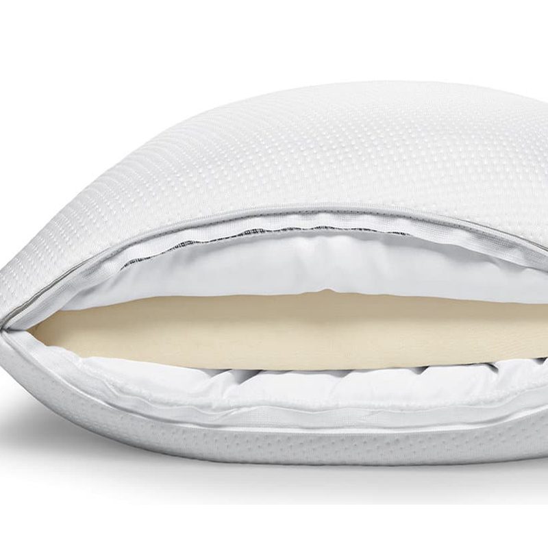 An unzippered The Sleep Number's True Temp Pillow with its foaming and a text that says "37.5" in white font at the lower right corner of the pillow. 