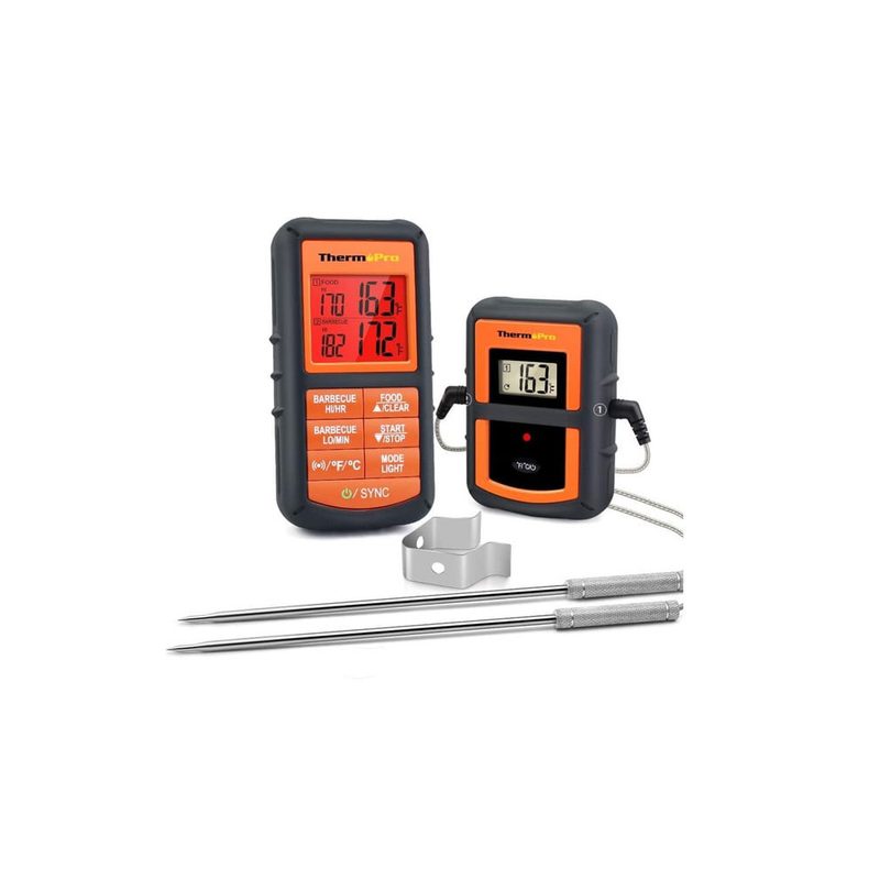 A Thermopro grill thermometer with two steel probes, clip, and transmitter on plain background. 