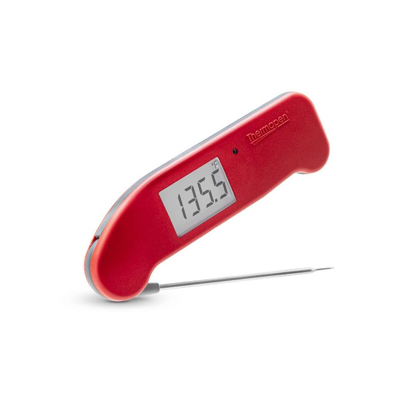 A red ThermoWorks Thermapen ONE on plain background.