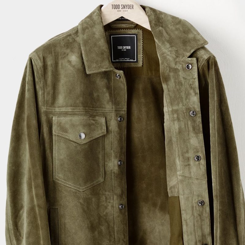 A hanging Todd Snyder Dylan Jacket in olive suede.