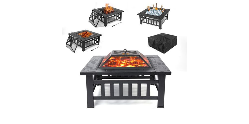 Uhomepro Fire Pit on a white background with other examples of how it can be used around it.
