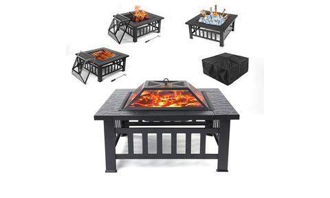 Uhomepro Fire Pit on a white background with other examples of how it can be used around it.