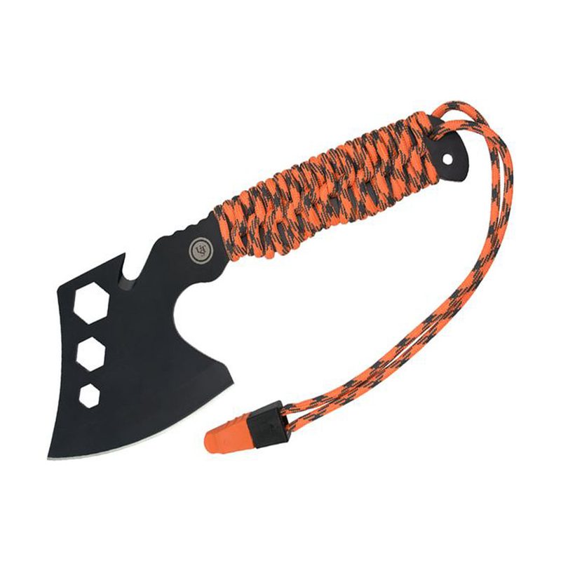 A black UST Parahatchet Pro with orange paracord handle, on a white background.