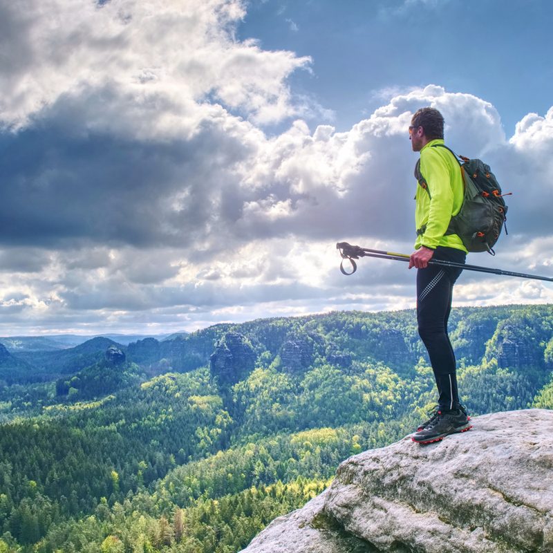 A man with a trekking pole and backpack standing atop of a mountain, looking at a view of the forest.