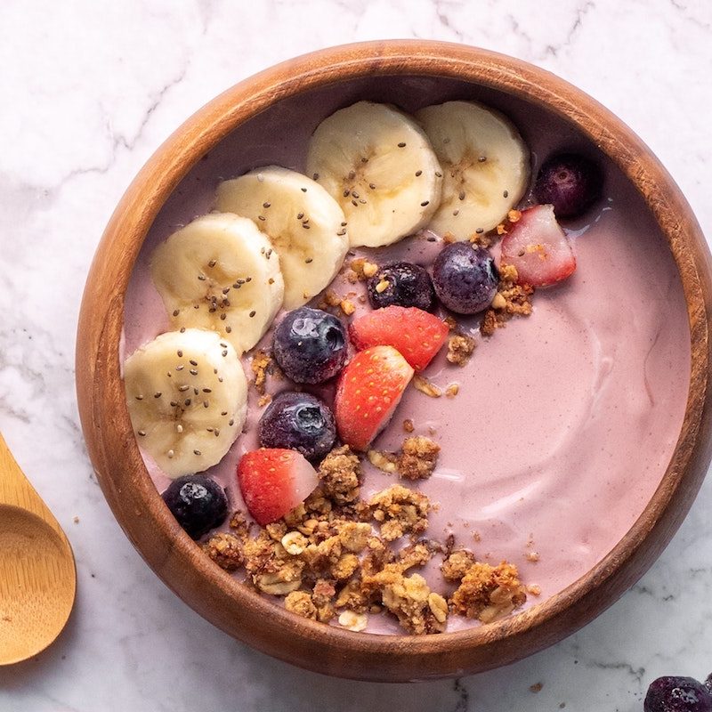 Bowl of strawberry yogurt.