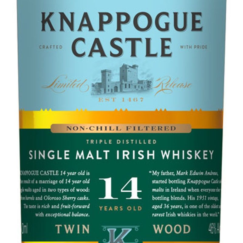 A close-up of s bottle of Knappogue Castle 14 Year Irish whiskey.