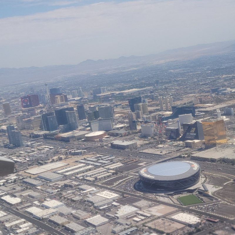 An aerial view of the Las Vegas Strip and Downtown Las Vegas