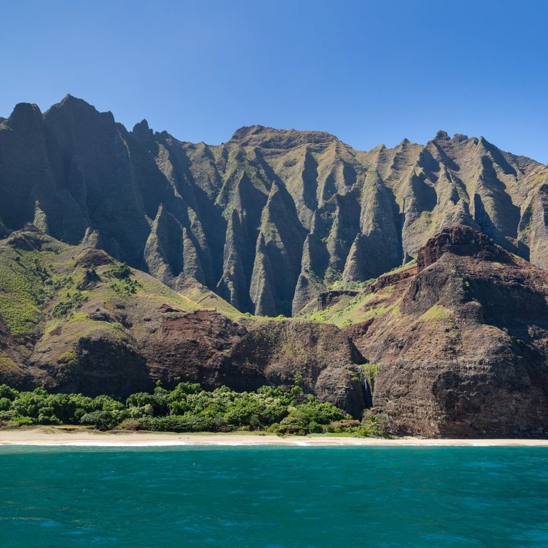 A view of the coastline of the Kalalau Valley in Kauai, Hawaii.