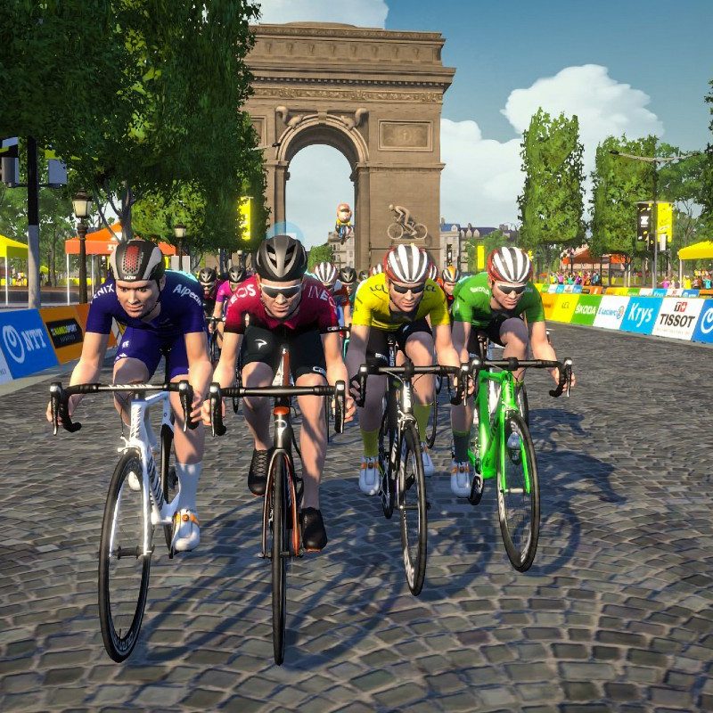 Tour de Zwift riders cruise in front of a digital Arc de Triomphe in Paris.
