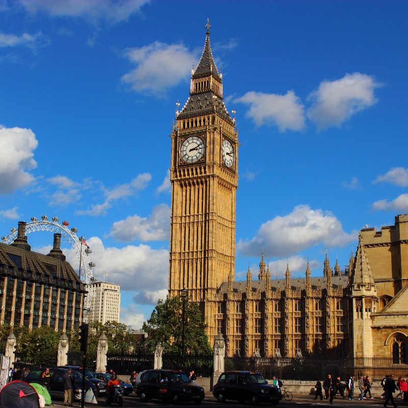Big Ben, the U.K. Parliament, and the London Eye in London, England, U.K.